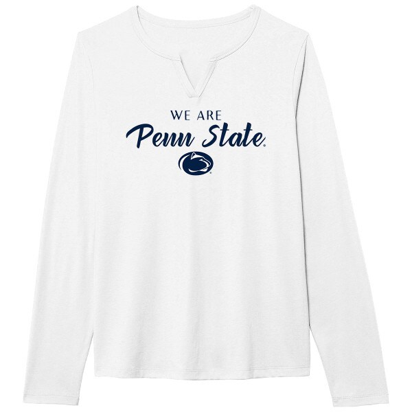 women's white long sleeve v-notch t-shirt with We Are Penn State above Athletic Logo